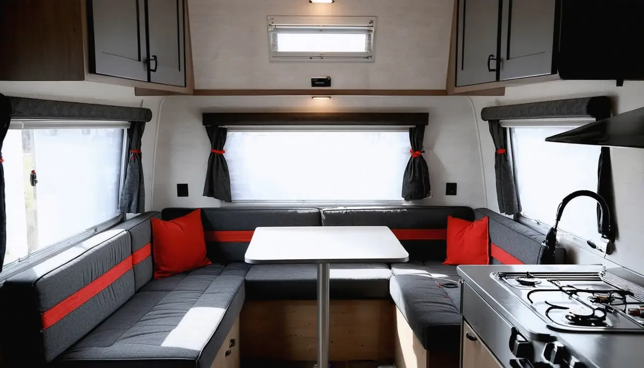 U-shaped charcoal dinette with ember red accents under three windows in the Dune Rat, gas range at the edge