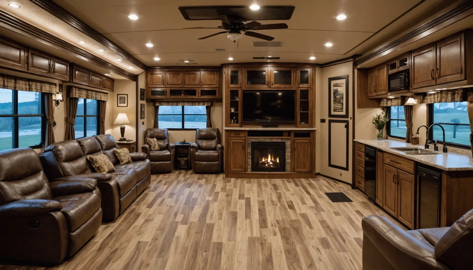 Living room in the Granite 384BHS with brown leather sofas and recliners around a fireplace below the TV, kitchen counter alongside