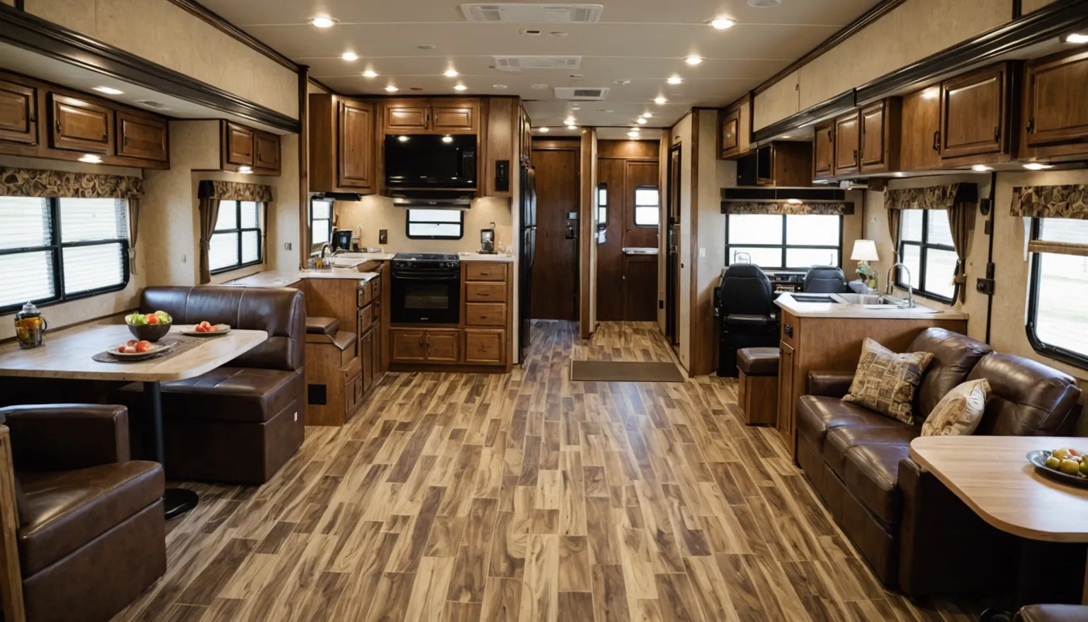 Living area of the Hightrail with brown leather sofa and dinettes facing the kitchen and range