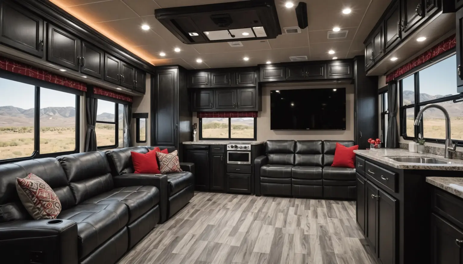 Living area in the Haymaker 3612 with black leather sofas and red pillows, a large TV and black cabinets, desert hills through the windows