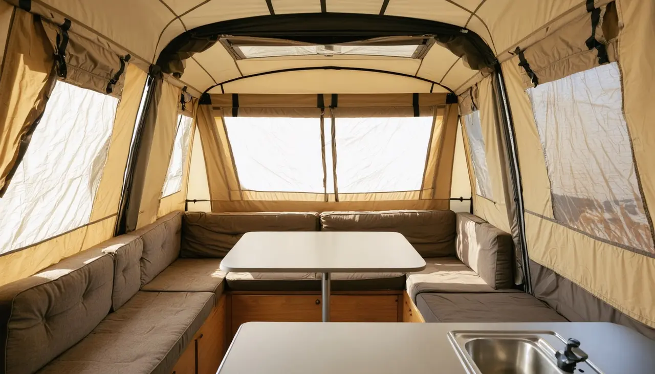 U-shaped dinette with canyon tan cushions and a table inside the Kestrel 1706LS, tan canvas walls with screened windows