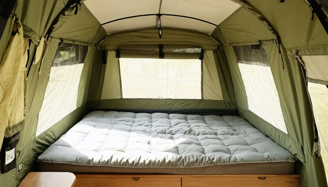 Canvas bed end of the Kestrel 12SC with a quilted mattress pad, sage canvas walls and screened windows