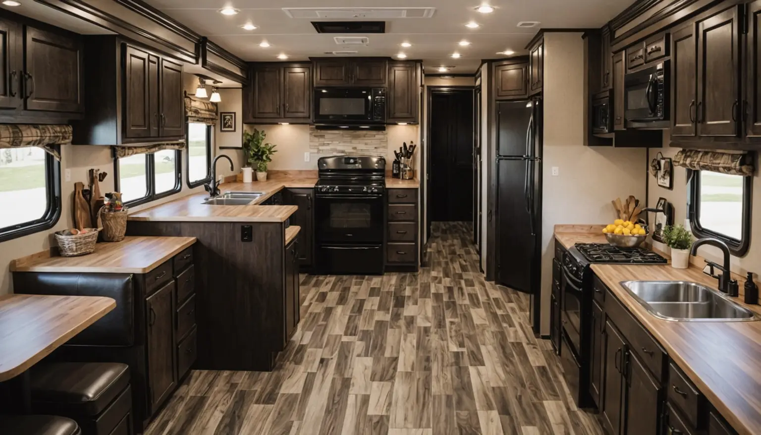 Lodgepole kitchen with butcher-block-look counters, black range and refrigerator, stainless sinks and dark alder cabinets