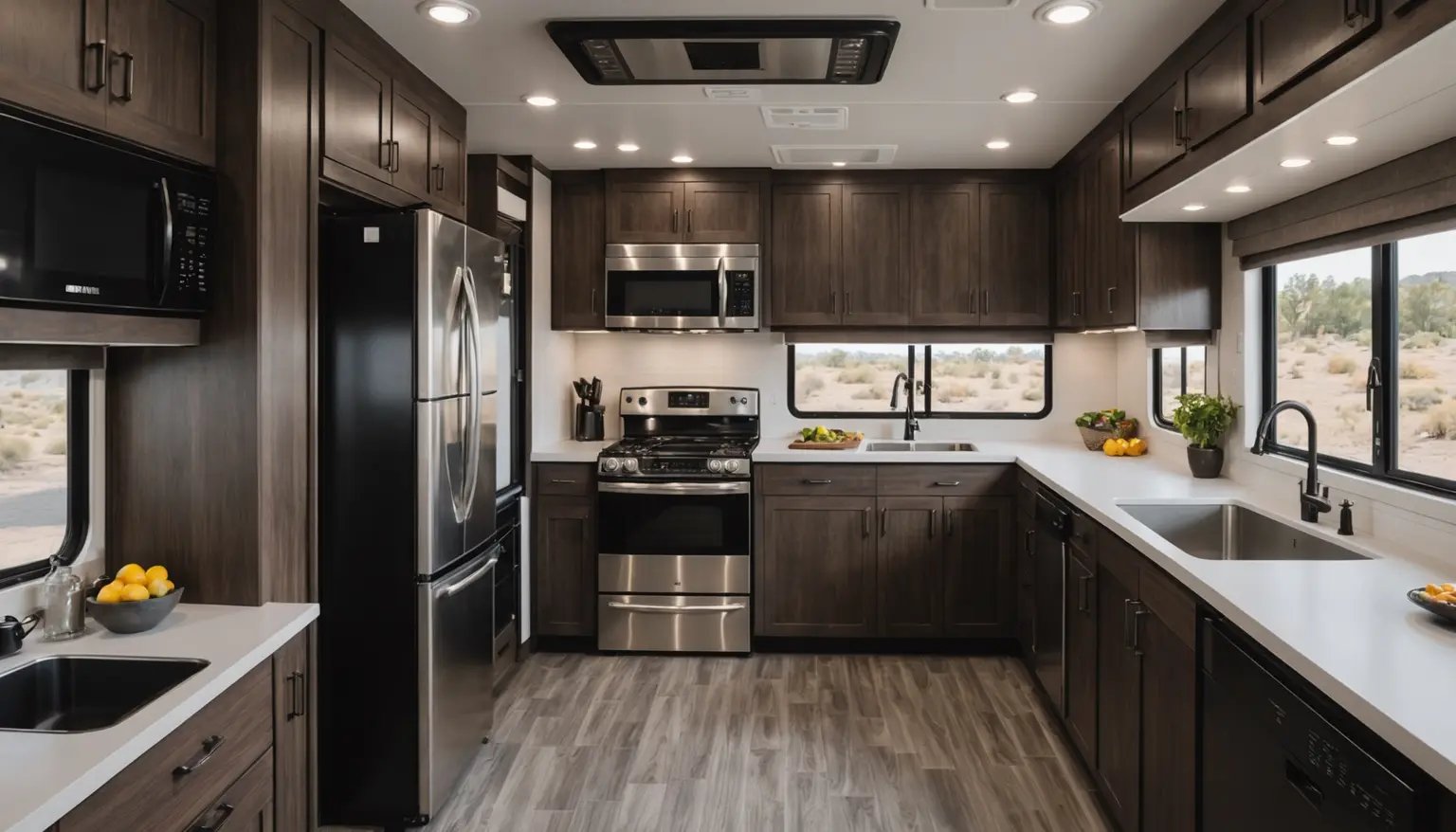 Crestview kitchen with stainless refrigerator, gas range, black pull-down faucets and dark walnut cabinets