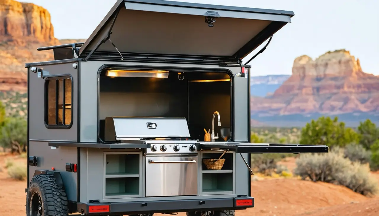 Rear hatch lifted on the Slickrock, revealing a stainless grill-top range with oven, a sink and a fold-out counter, red rock buttes behind