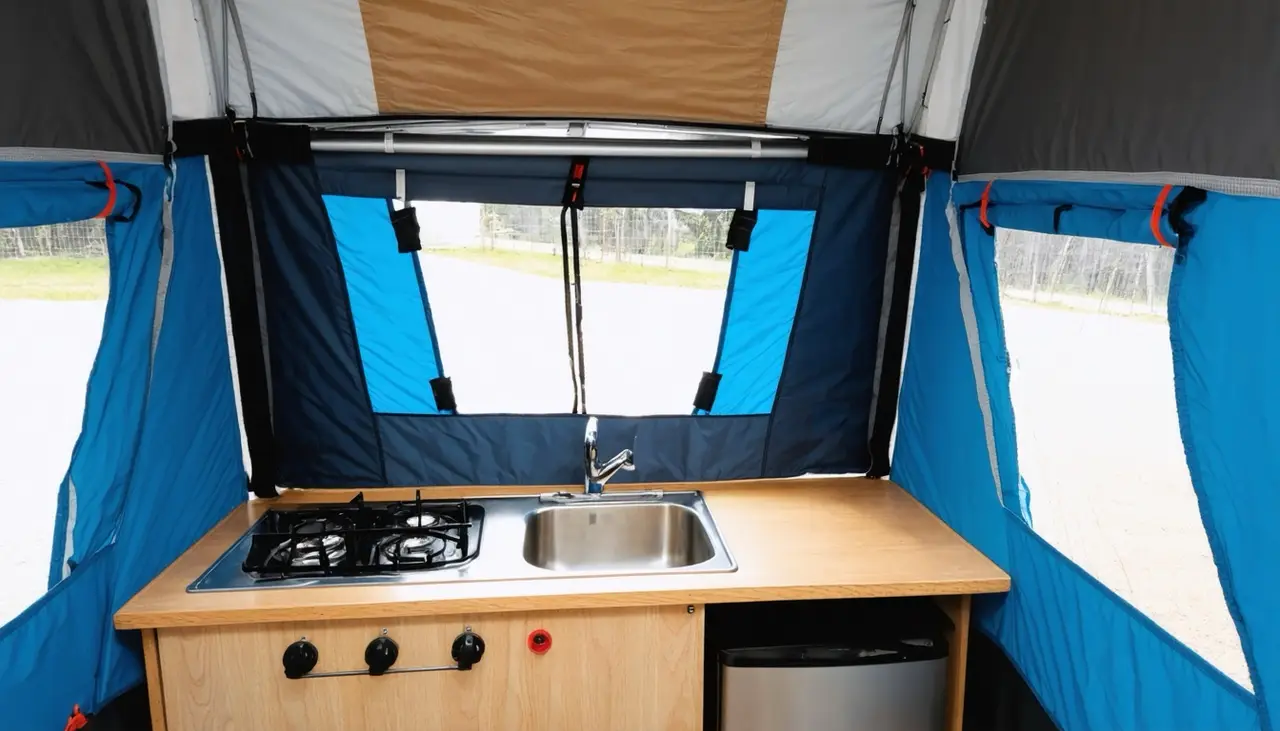 Galley in the Kestrel 1910ST with two-burner stove, stainless sink and wood cabinet against blue and navy canvas