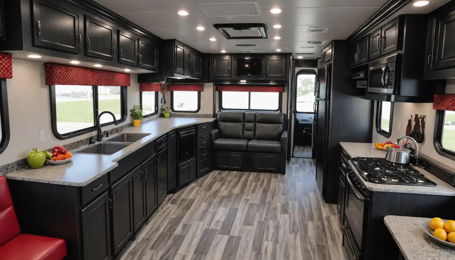 Haymaker 3612 kitchen with granite-look counters, double stainless sink, gas range, black cabinets with red valances and a leather loveseat