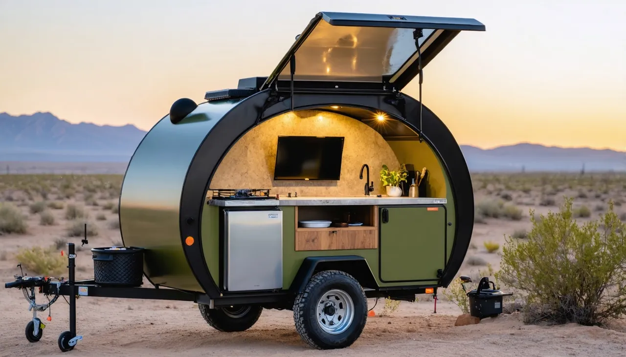 Rear hatch lifted on the Nomad T16X at dusk, showing a cooktop, sink, stainless fridge, TV and olive cabinets lit from above, desert behind