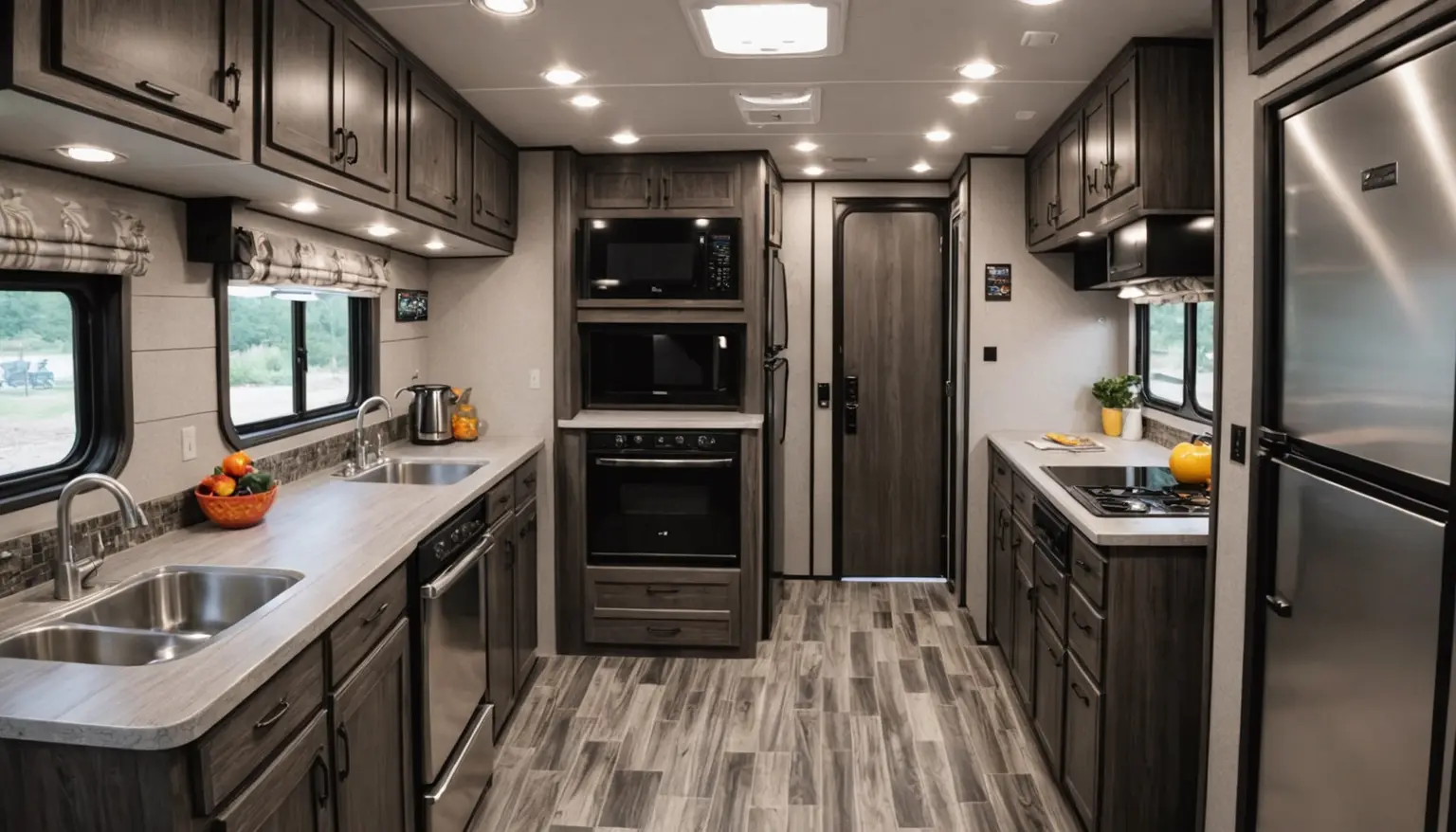 Galley in the AR 190RD with double stainless sink, wall oven, gas cooktop, stainless refrigerator and dark gray cabinets