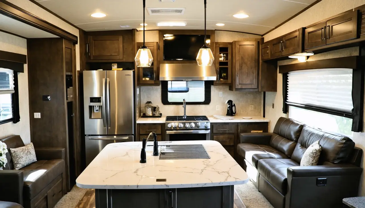 Residential kitchen with island and full-size refrigerator in the Monarch 3950FL