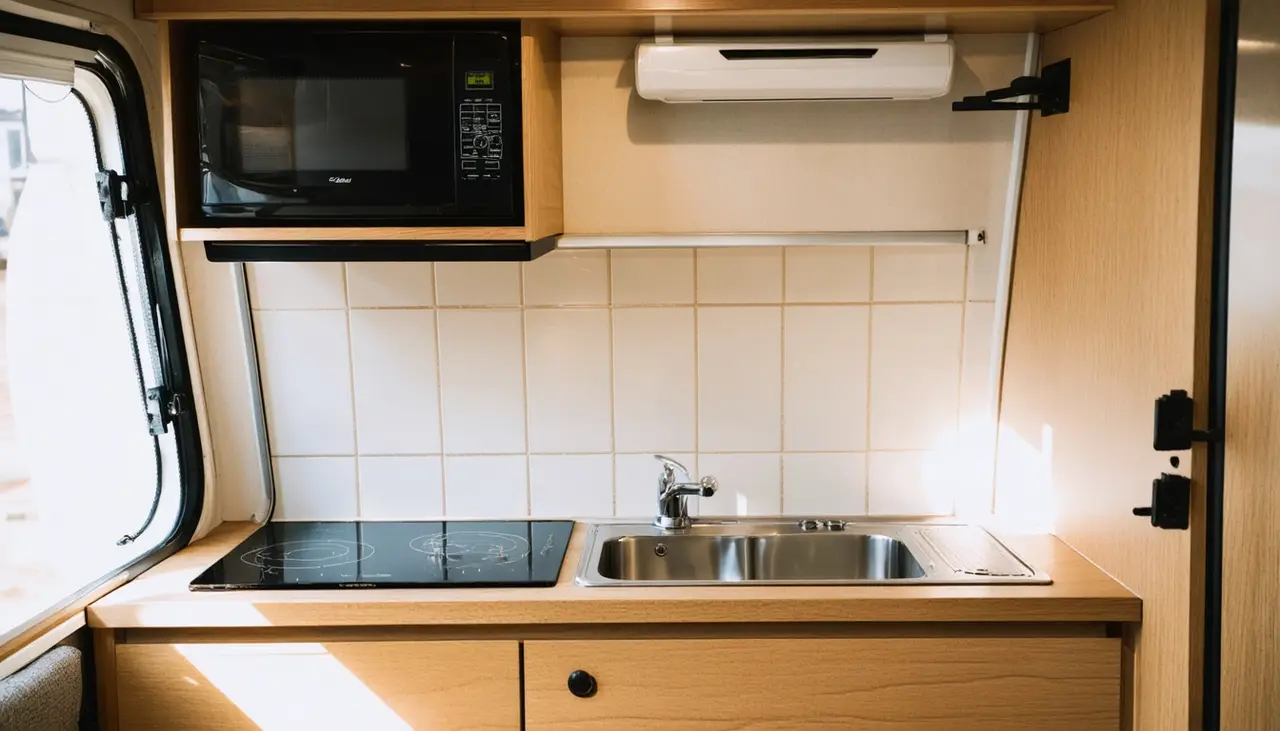 Compact galley kitchen in the Wren with two-burner glass cooktop, stainless sink, tile backsplash and black microwave
