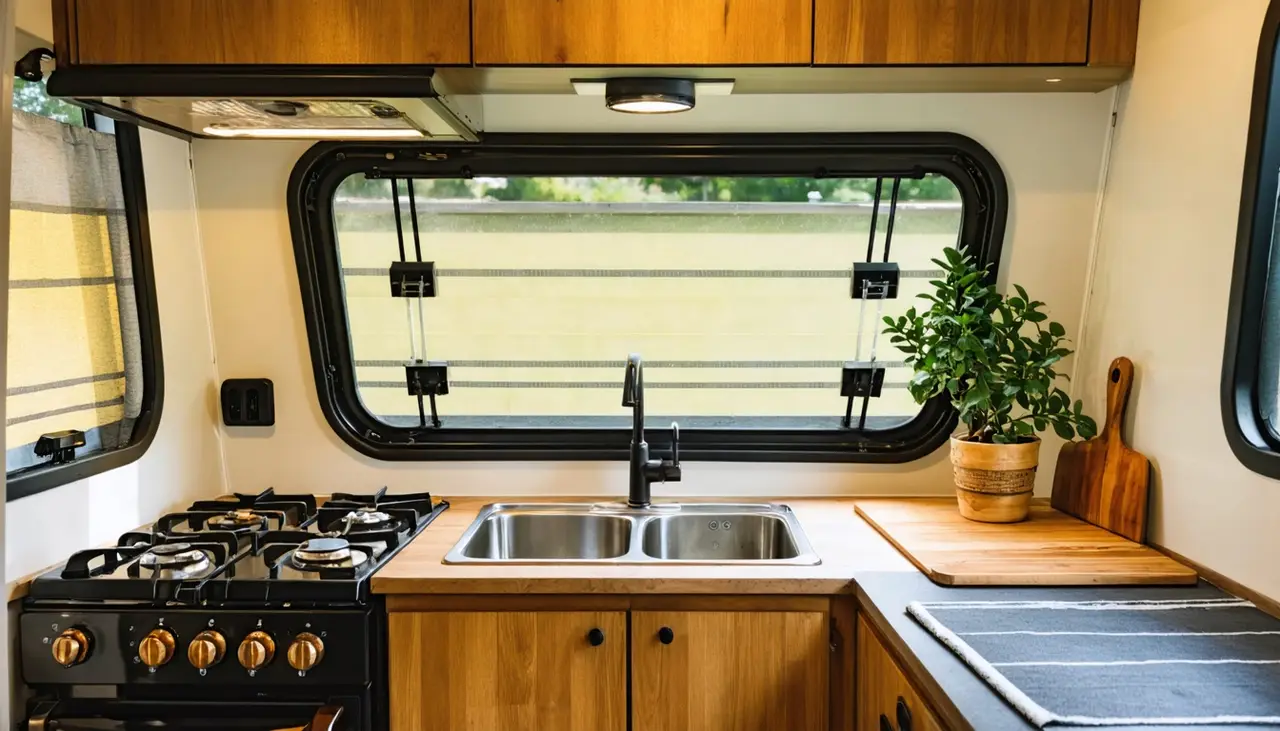 Kitchen in the Ridgeback 268BH with gas range, double stainless sink under a window and butcher-block-look counter