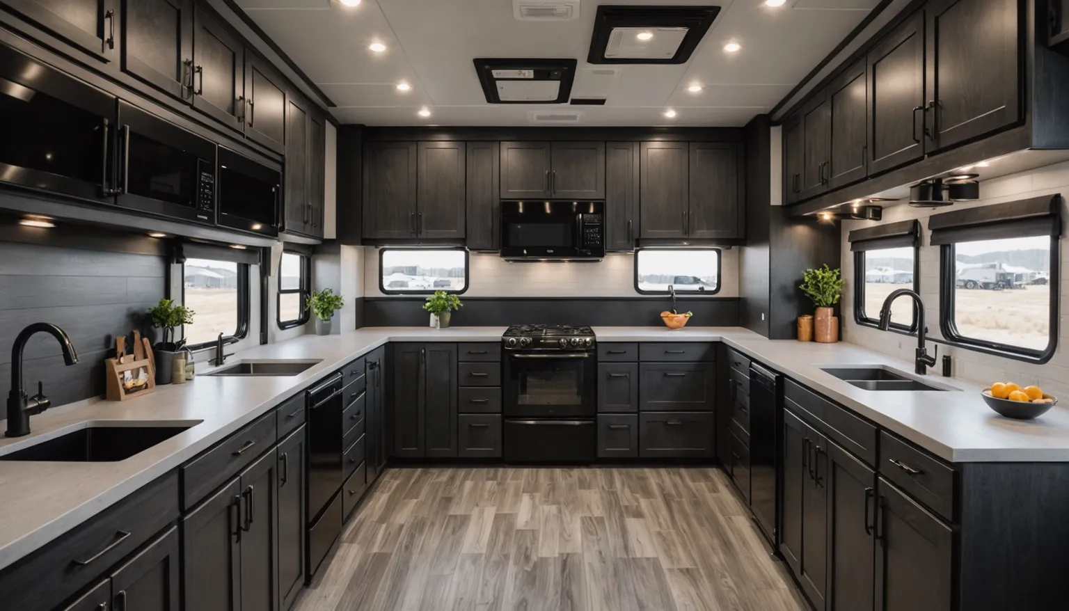 Haymaker 3814 kitchen with gray counters wrapping three walls, gas range, black sinks and faucets and charcoal cabinets