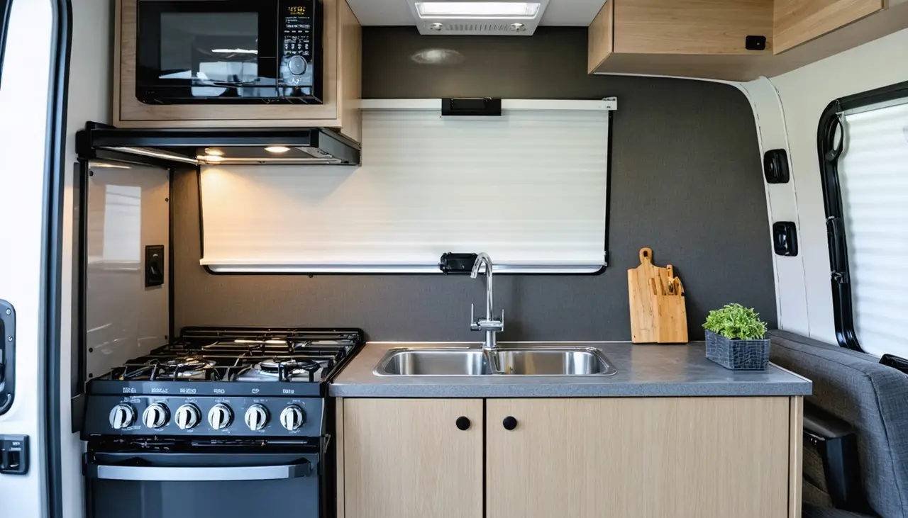 Compact kitchen in the Dune Rat 2412 with gas range and oven, double stainless sink, microwave above and light wood cabinets