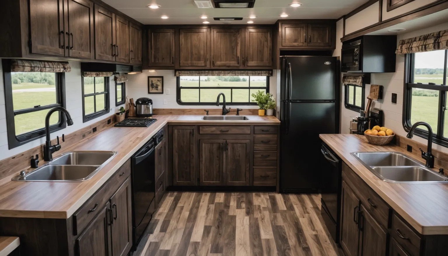 Granite kitchen with butcher-block-look counters, stainless sinks, gas cooktop, black refrigerator and dark hickory cabinets
