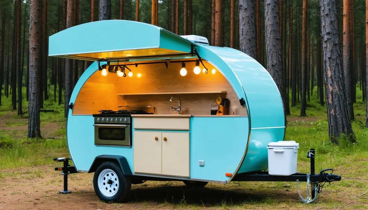 Rear hatch lifted on the Swift T14, showing a stove and oven, sink and birch cabinets under string lights, in a pine forest
