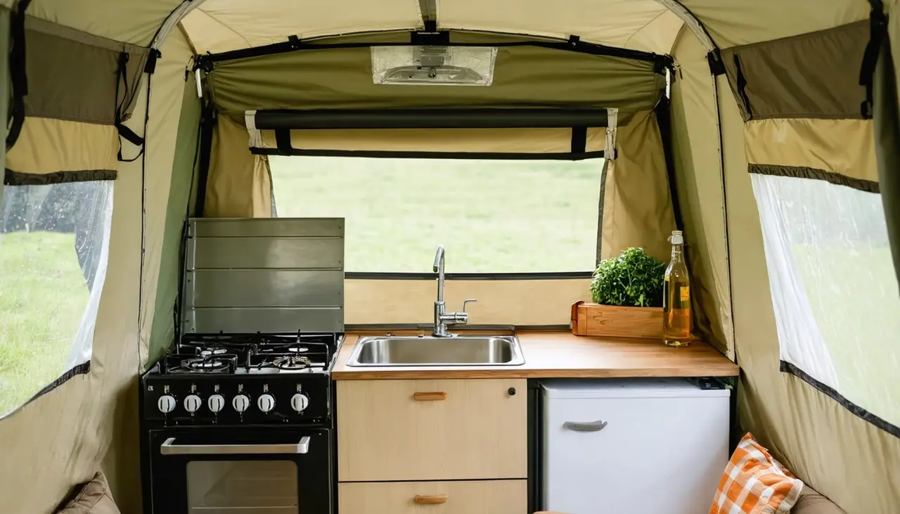 Galley in the Kestrel pop-up with gas range and oven, stainless sink, light wood cabinet and white mini fridge against sage canvas