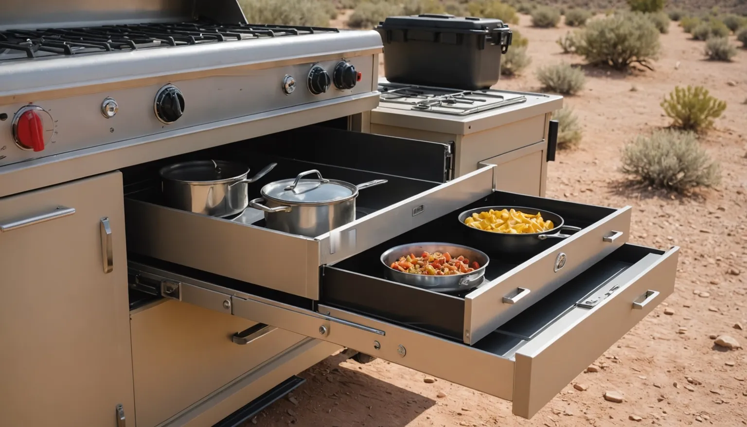 Stainless slide-out camp kitchen drawers with pots and pans beneath a gas cooktop on the Backtrack 10XT, desert scrub behind