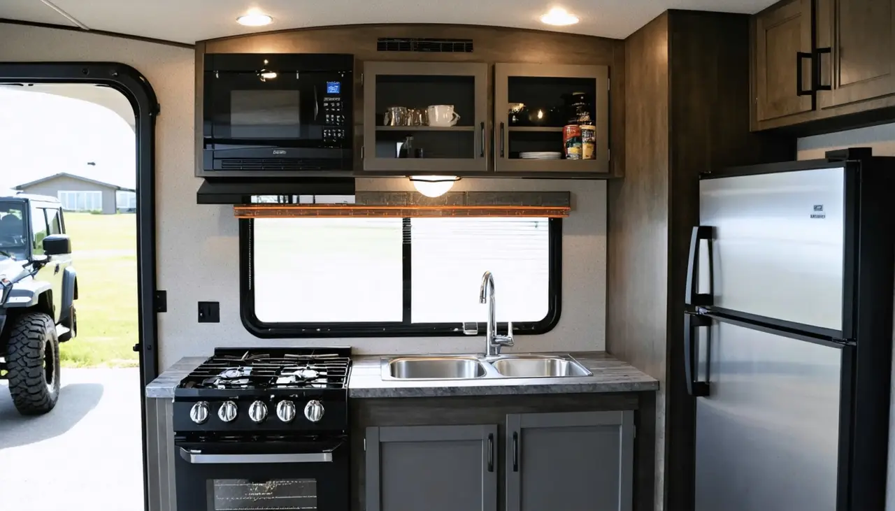 Dustrunner kitchen with gas range and oven, double stainless sink under a window, stainless refrigerator, and an open door to a parked off-road vehicle