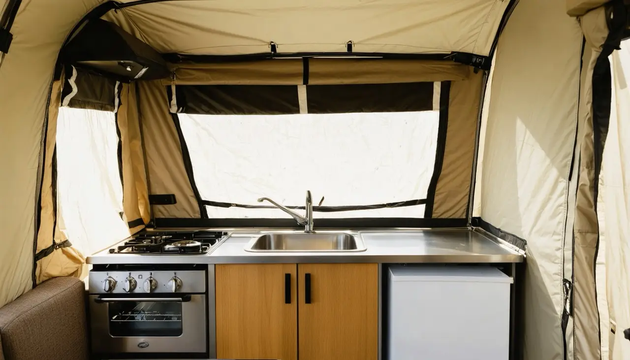 Galley in the Kestrel 1706LS with gas cooktop and oven, stainless sink, wood cabinet and white mini fridge against tan canvas