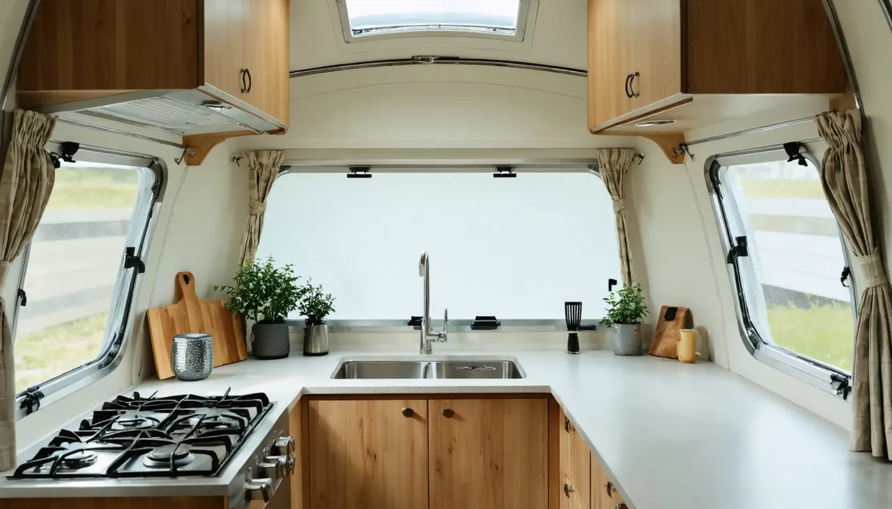Rear kitchen with wraparound counter and windows in the Evergreen