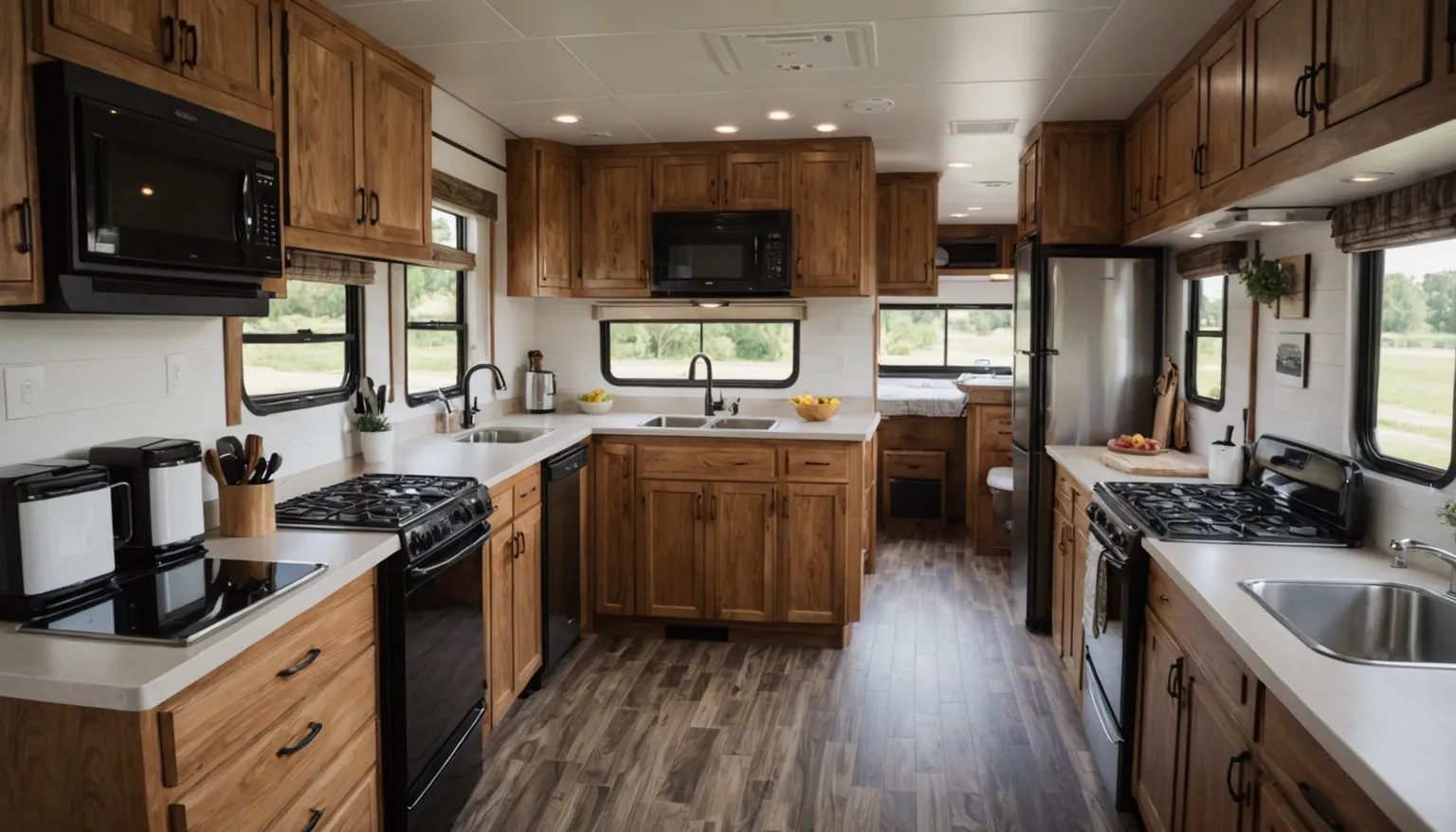 Hightrail 342BHS kitchen with oak cabinets, gas ranges, stainless sinks and a tall stainless refrigerator