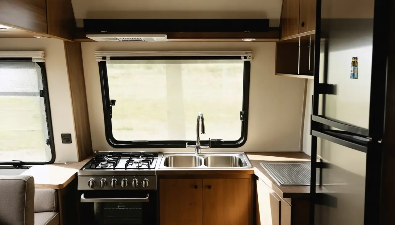 Kitchen in the 240BH with gas range and oven, double stainless sink under a window and wood cabinets
