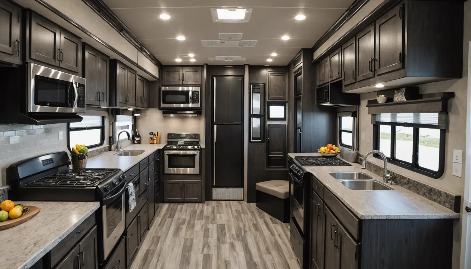 Talus 3412G kitchen with gas ranges, stainless sinks, microwaves, a tall black refrigerator and dark slate cabinets
