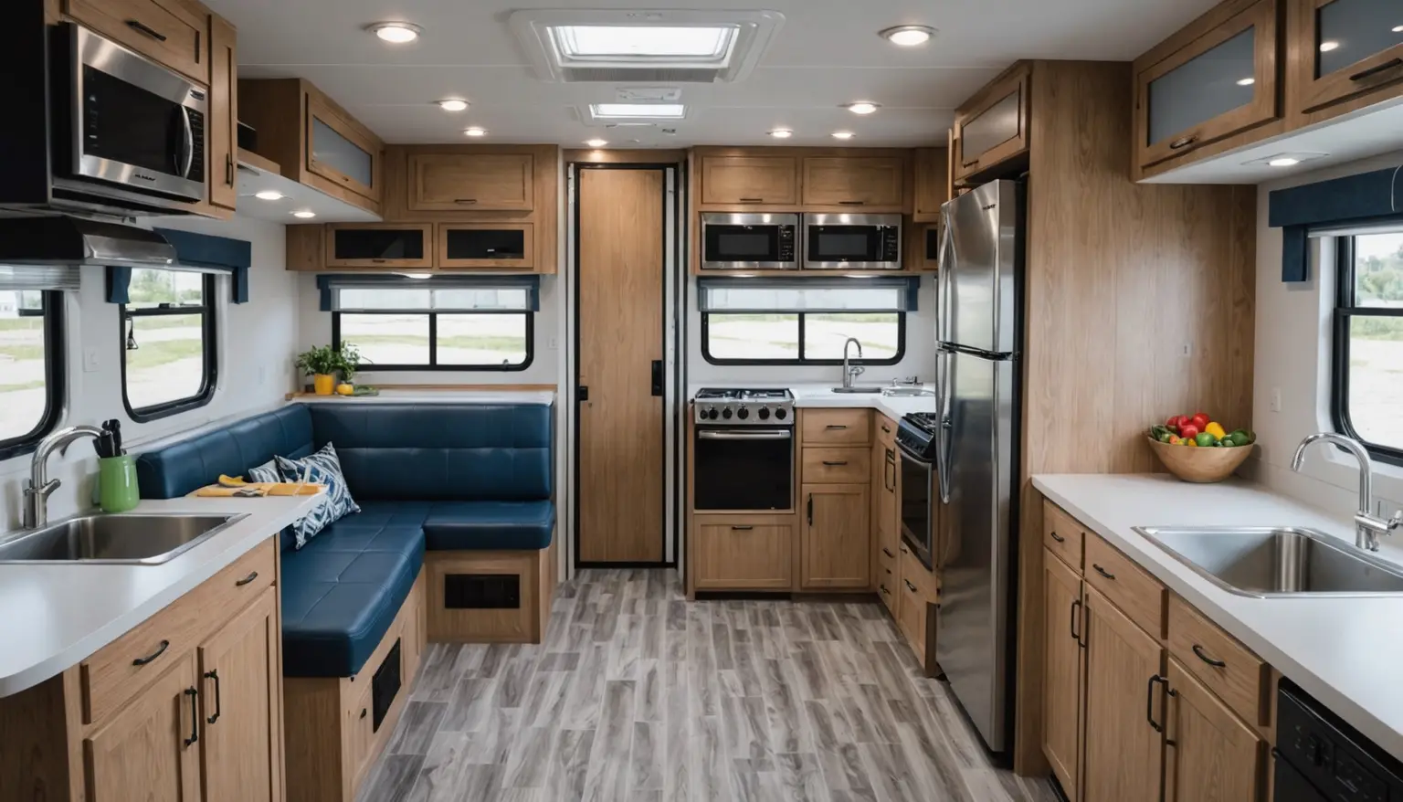 Lodestar kitchen with gas range, tall stainless refrigerator, oak cabinets and a blue corner dinette