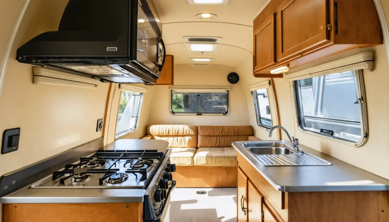 Galley in the Lodestar 26BH with three-burner range, stainless sink, overhead microwave and a tan sofa at the far end