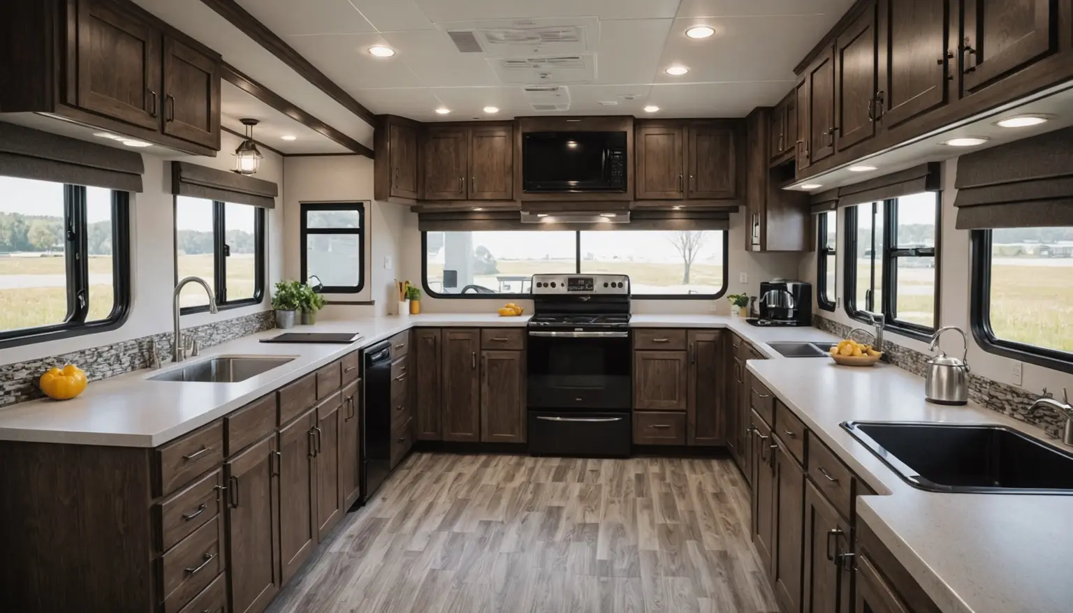 Front kitchen with wraparound counter under three windows in the Pinnacle 3610FK