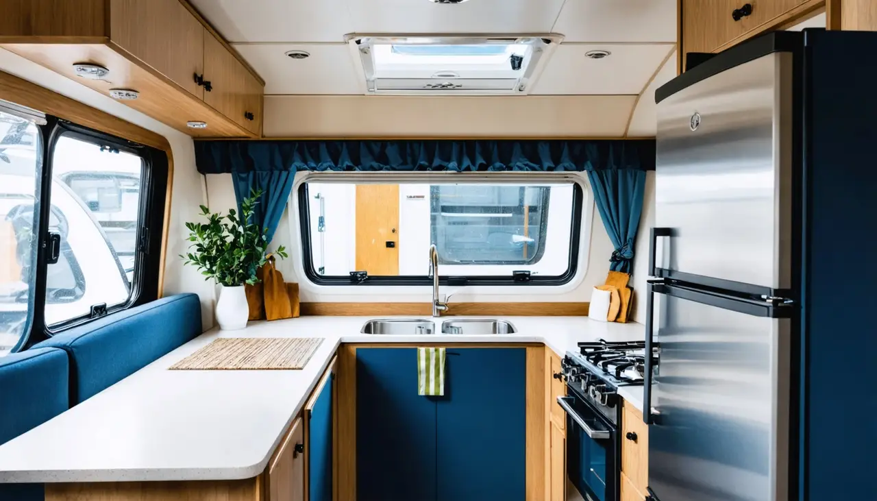 Meridian kitchen with white L-shaped counter, double sink under a window, gas range, stainless refrigerator and navy cabinet doors